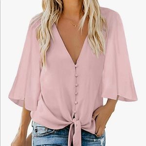 Women’s V-neck 3/4 Sleeve Tie Front Blouse